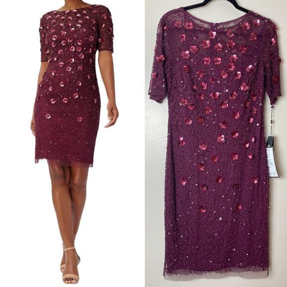 NWT BHLDN ADRIANNA PAPELL DRESS PETALUMA FLORAL 3D COCKTAIL SEQUIN BEADED CASSIS - Picture 1 of 16